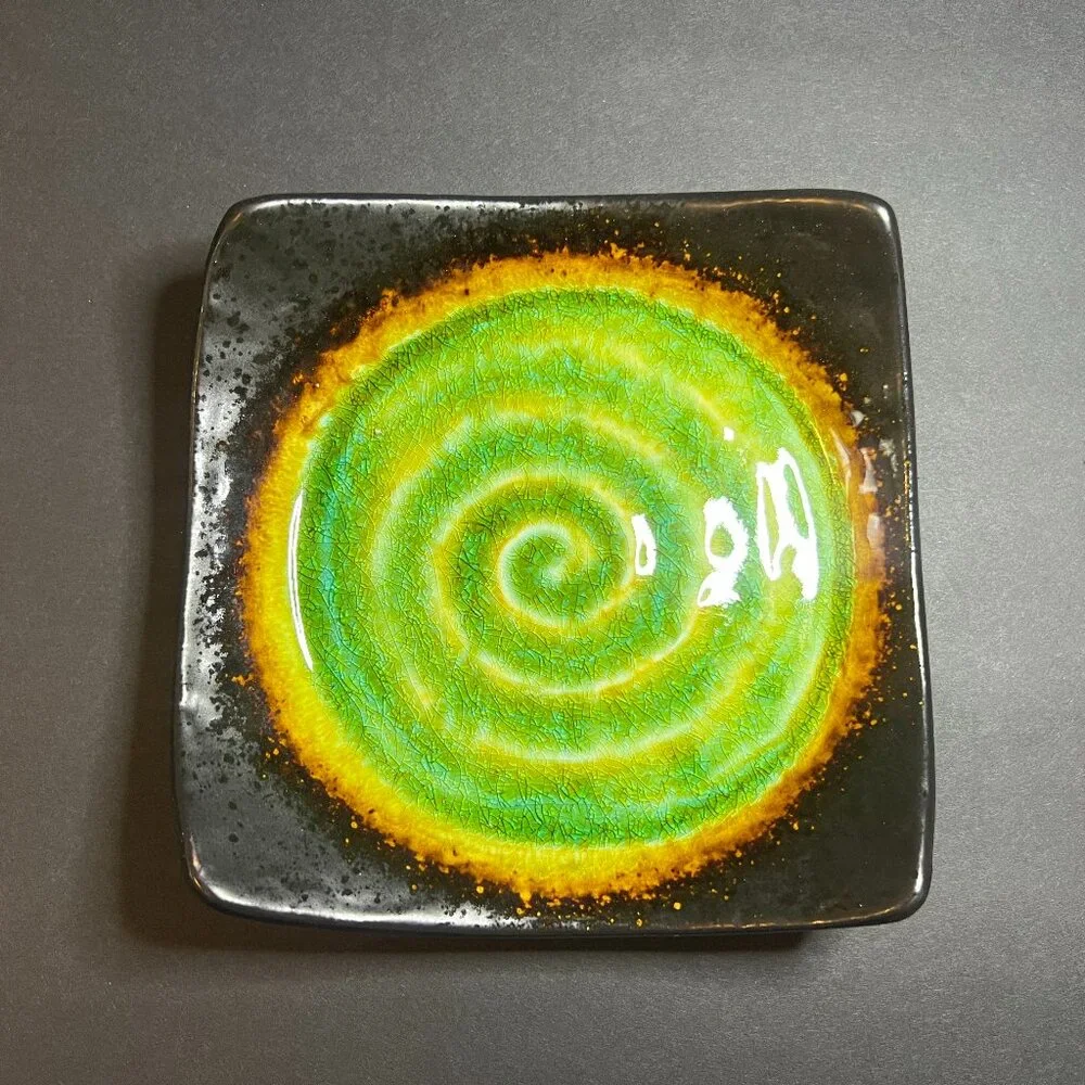 Pier 1 Imports Stoneware Hand Painted Green Swirl Candle Holder Trinket Dish 6